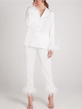 NADINE MERABI White Feather-Trim Silk Pajama Set